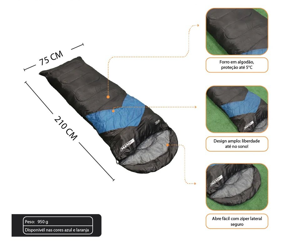 Saco De Dormir Nautika Viper 5 a 12ºc Capuz E Impermeável - Azul e preto