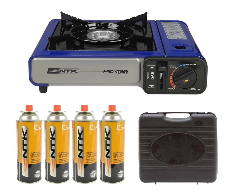 Fogareiro Camping Cozinha Frontier Flex Azul Nautika + 04 Refil Gas