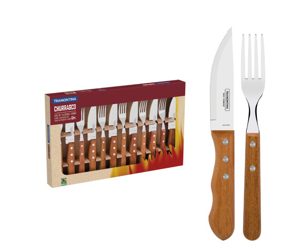 Jogo Churrasco Tramontina 12pçs Dynamic Lâminas em Aço Inox e Cabos de Madeira Natural 12 Peças