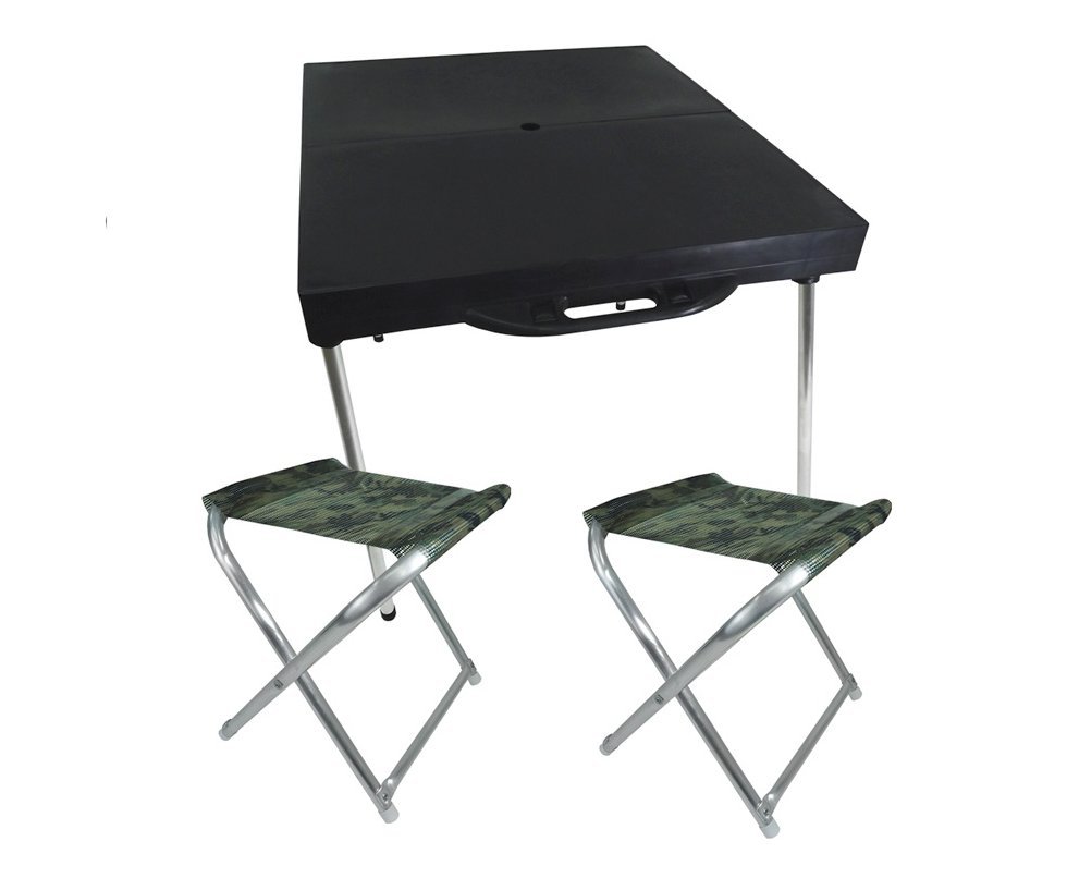 Mesa Maleta Dobrável camping e praia  Com 2 Banquetas Alumínio Camufladas - Zaka