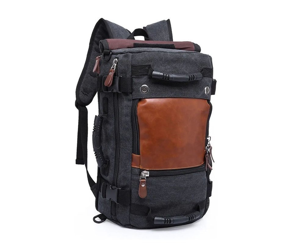 Mochila Kaka® Multifuncional Lona e Couro Legítimo - Preta