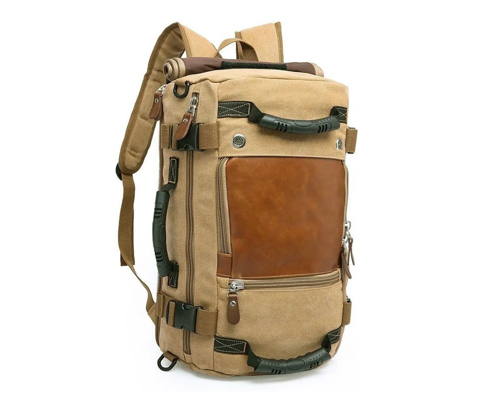 Mochila Kaka® Multifuncional Lona e Couro Legítimo - Caqui