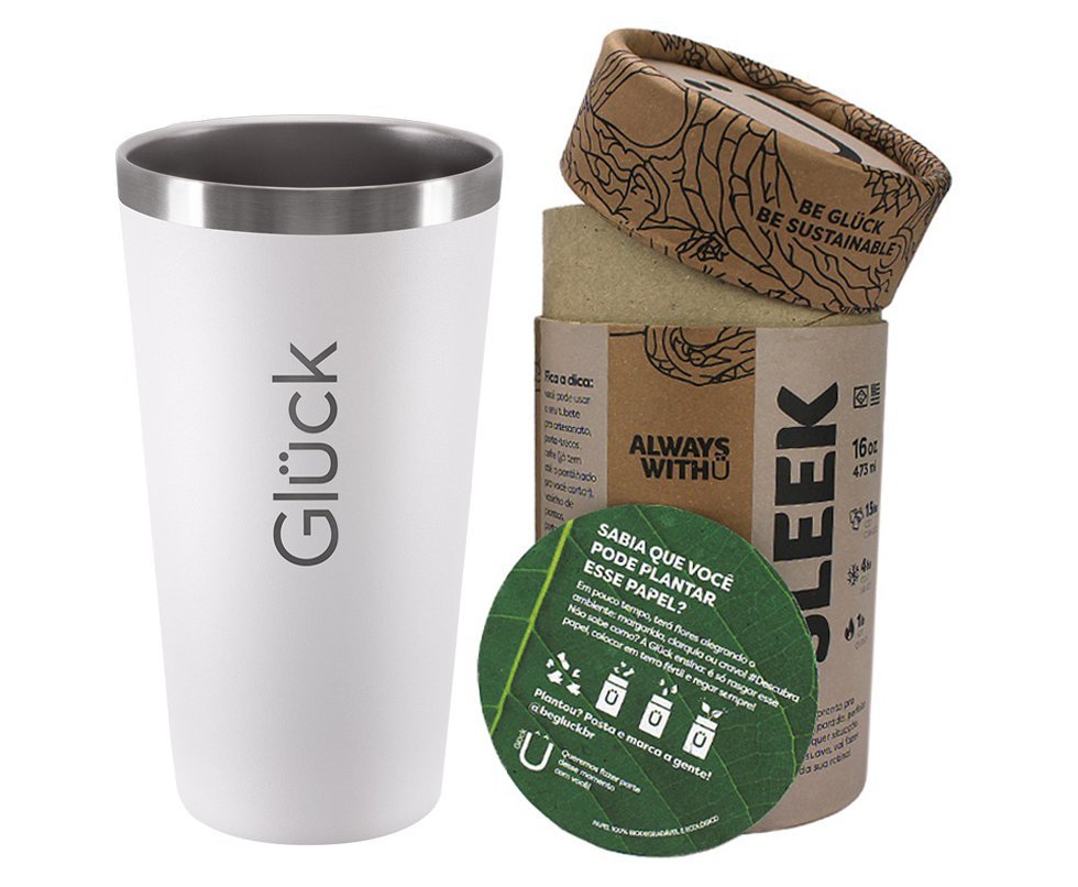 Copo Térmico Gluck Sleek  Off White em Aço Inox 473ml Suporta 4h Gelado
