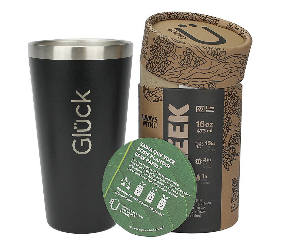 Copo Térmico Gluck Sleek Black em Aço Inox 473ml Suporta 4h Gelado