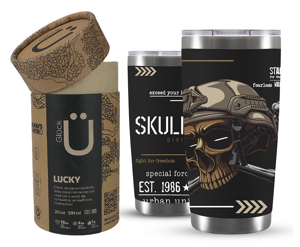 Copo Térmico Gluck Lucky Future Skull Division Military 591ml Inox Black