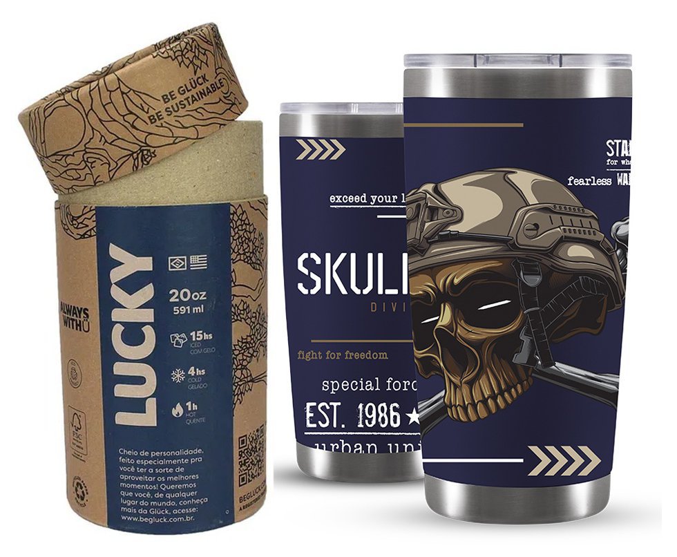 Copo Térmico Lucky Future Skull Division Military 591ml Inox Nigth Blue - Gluck