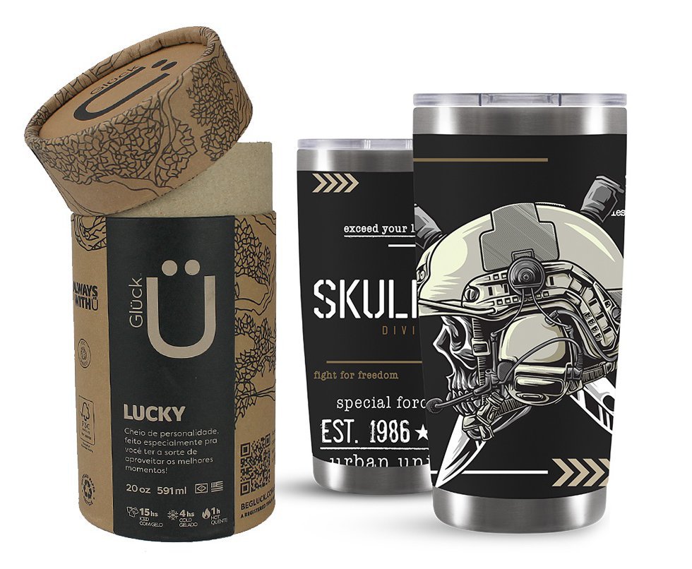 Copo Térmico Lucky Future Skull Division Warrior 591ml Inox Black Gluck