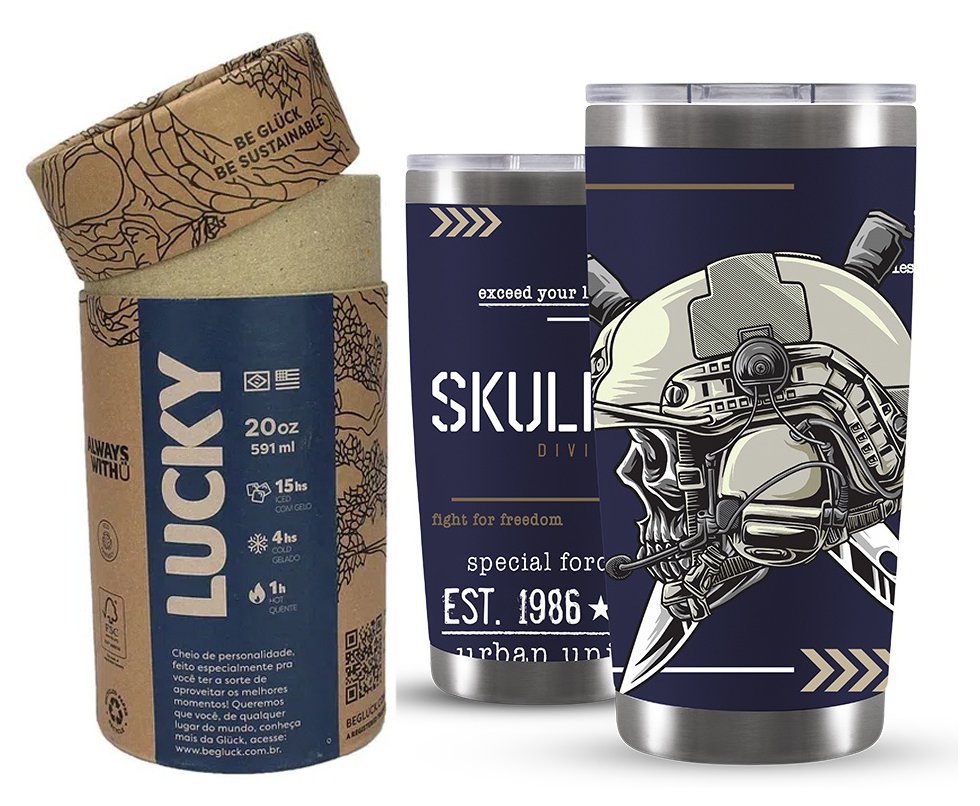 Copo Térmico Gluck Lucky Future Skull Division Warrior 591ml Inox Night Blue