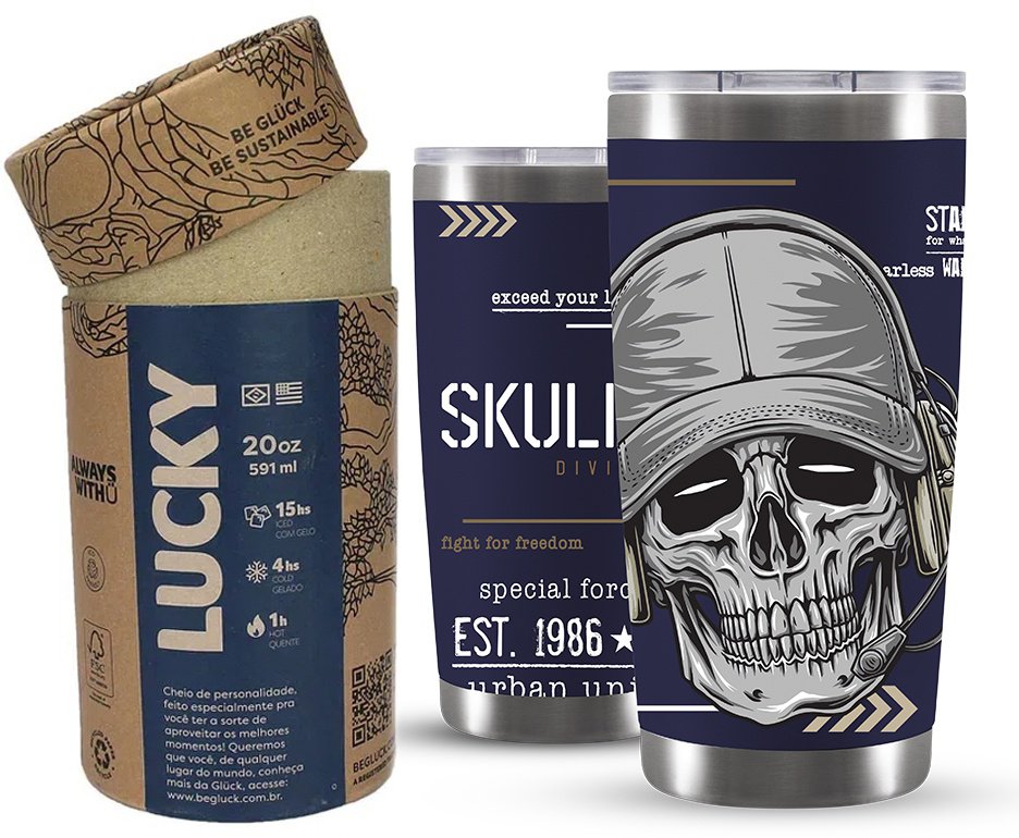 Copo Térmico Gluck Para Cerveja Lucky Future Skull Division Cap 591ml Inox Nigth Blue