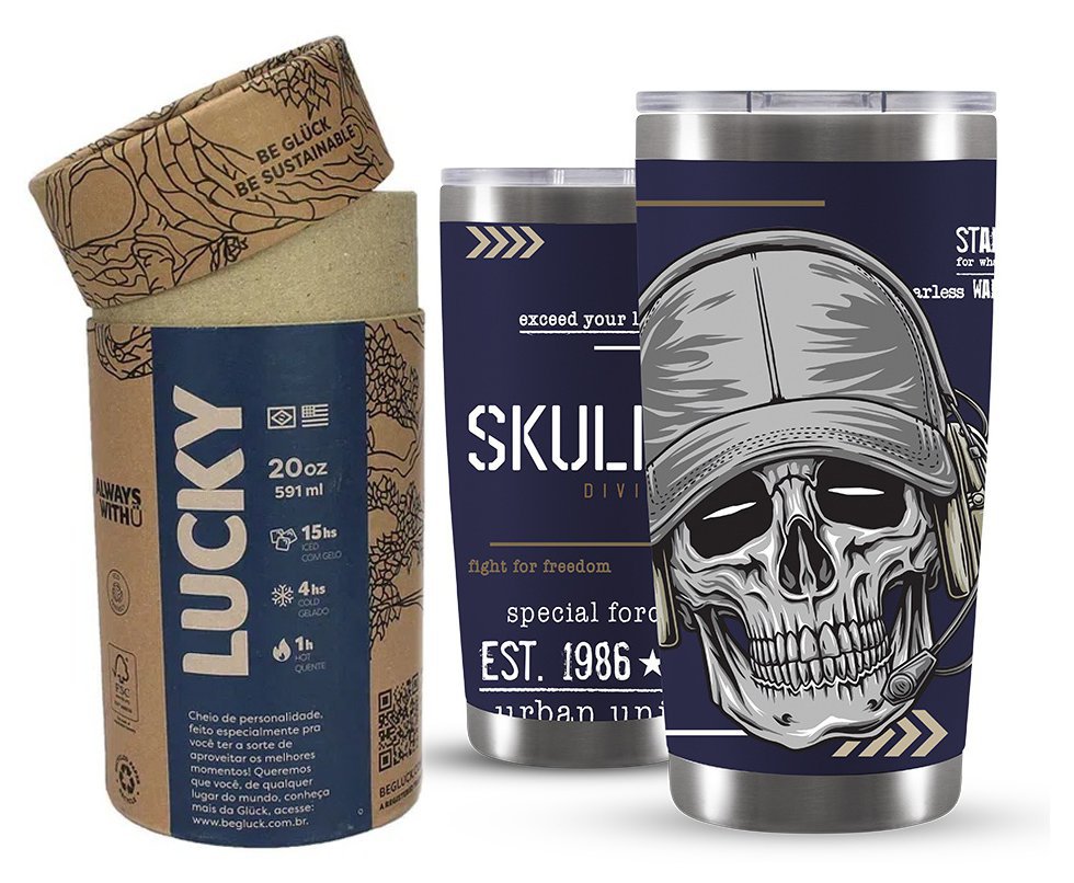Copo Térmico Gluck Lucky Future Skull Division Cap 591ml Inox Nigth Blue