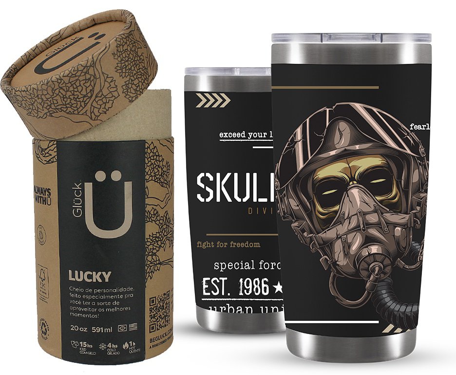 Copo Térmico Gluck Para Cerveja Lucky Future Skull Division Mask  591ml Inox Black
