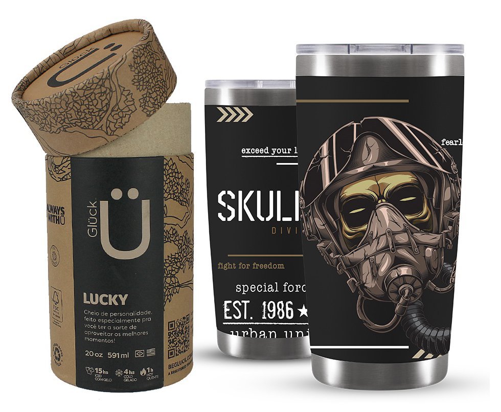 Copo Térmico Gluck Lucky Future Skull Division Mask  591ml Inox Black