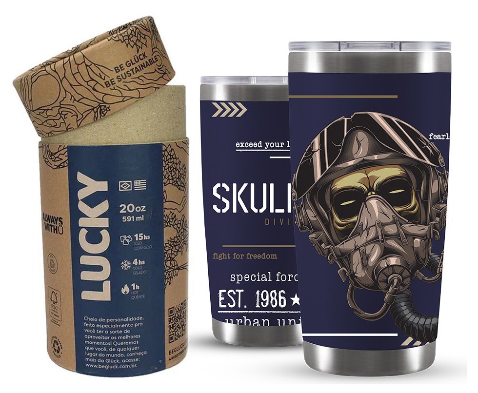 Copo Térmico Gluck Lucky Future Skull Division Mask  591ml Inox Night Blue