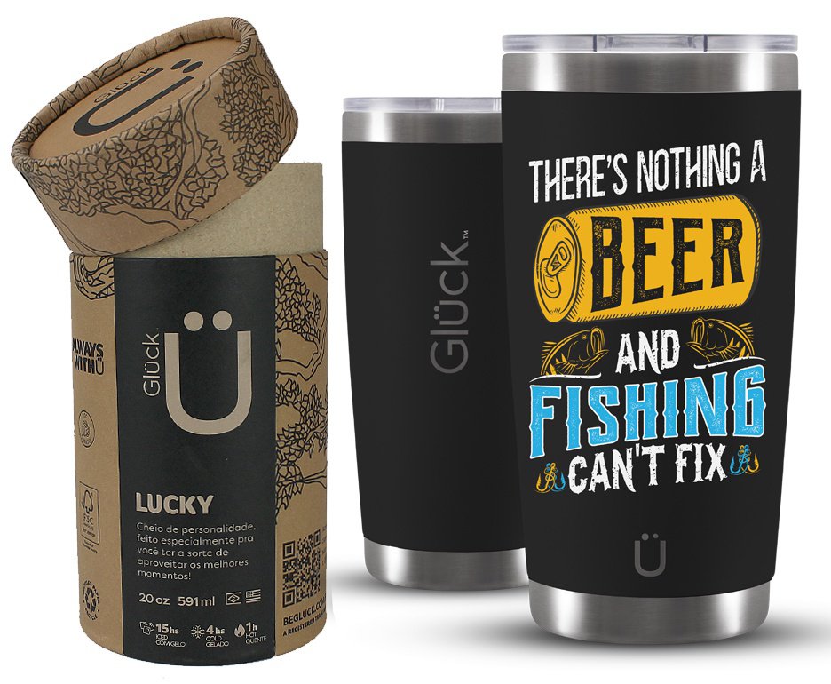 Copo Térmico Gluck Para Cerveja Lucky Future Fishing & Beer Cant Fix 591ml Inox Black