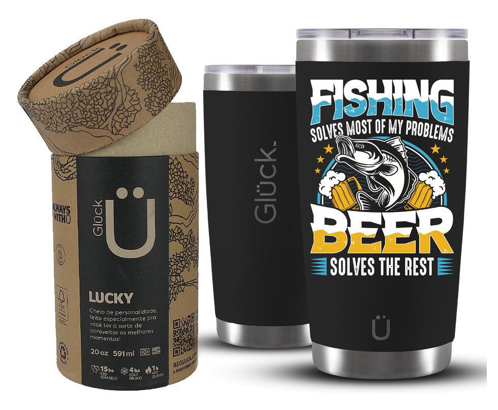 Copo Térmico Gluck Lucky Future Fishing & Beer Solves 591ml Inox Black