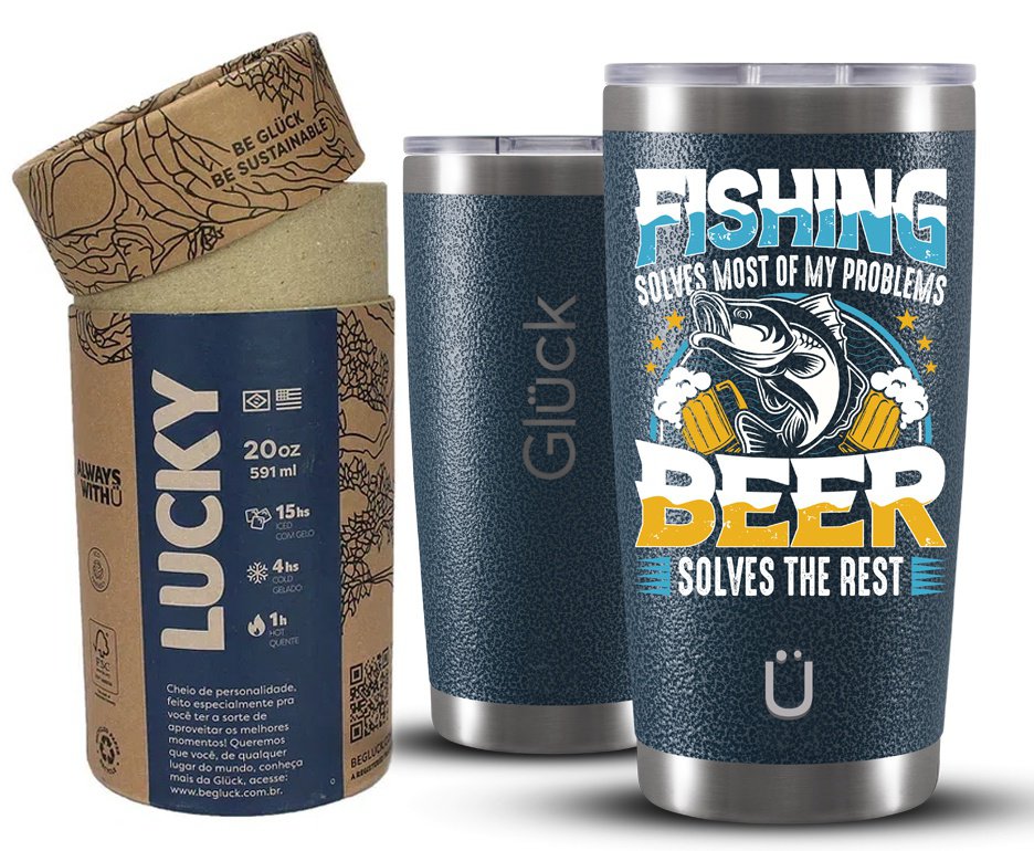 Copo Térmico Gluck Lucky Future Fishing & Beer Solves 591ml Inox Hammer Blue