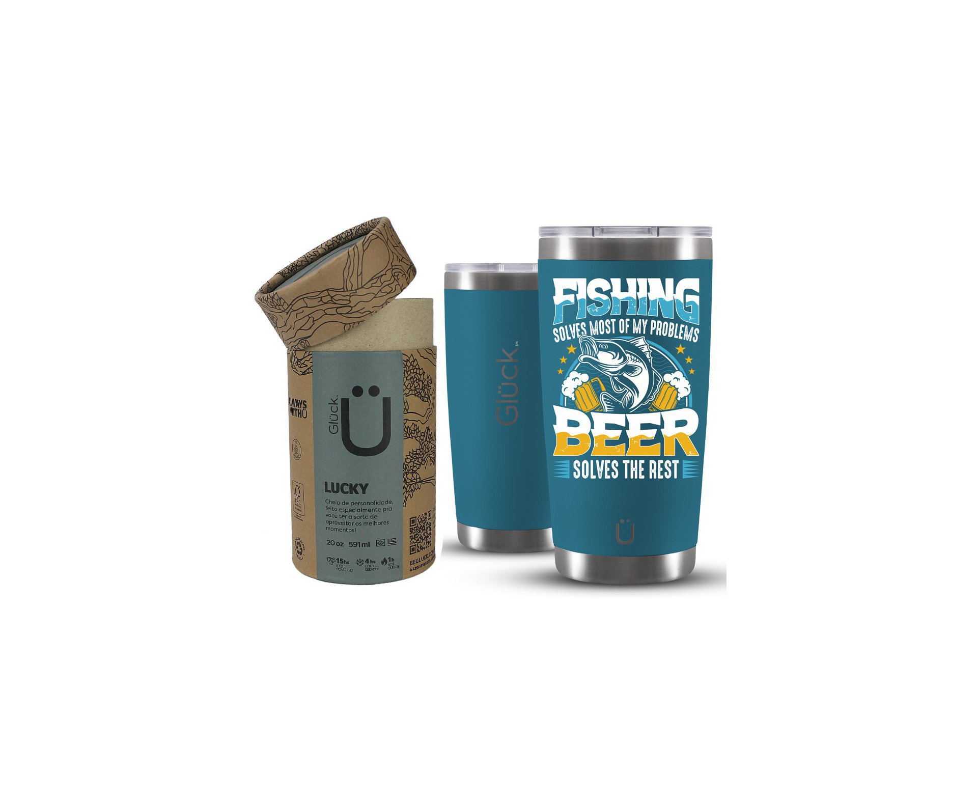 Copo Térmico Gluck Para Cerveja Lucky Future Fishing & Beer Solves 591ml Inox Porsches Blue