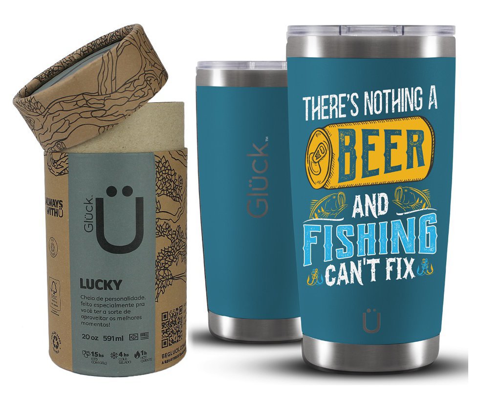 Copo Térmico Gluck Para Cerveja Lucky Future Fishing & Beer Cant Fix 591ml Inox Porsche Blue