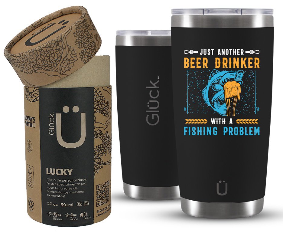 Copo Térmico Gluck Para Cerveja Lucky Future Fishing & Beer Drinker 591ml Inox Black