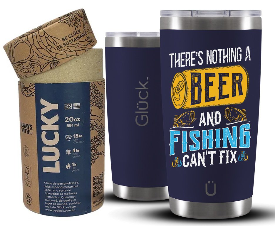 Copo Térmico Gluck Para Cerveja Lucky Future Fishing & Beer Cant Fix 591ml Inox Night Blue