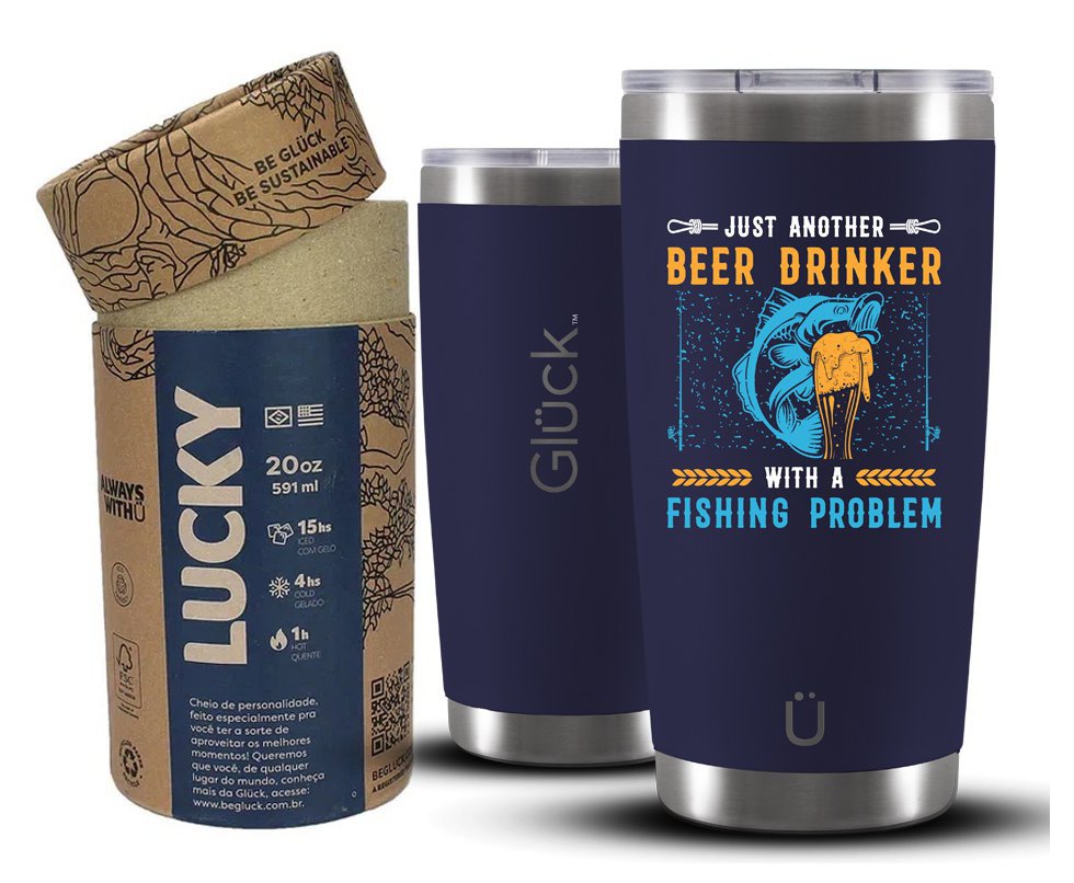 Copo Térmico Gluck Para Cerveja Lucky Future Fishing & Beer Drinker 591ml Inox Night Blue