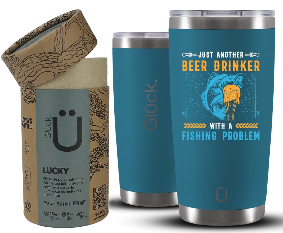 Copo Térmico Gluck Lucky Future Fishing & Beer Drinker 591ml Inox Porshe Blue