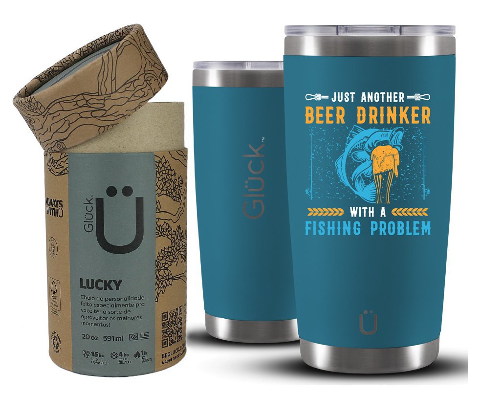 Copo Térmico Gluck Lucky Future Fishing & Beer Drinker 591ml Inox Porshe Blue