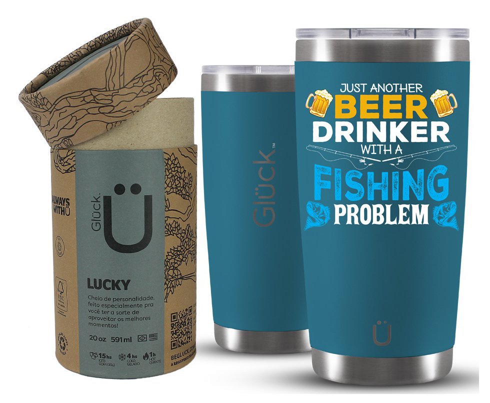 Copo Térmico Gluck Lucky Future Fishing & Beer Problem 591ml Inox Porsche Blue