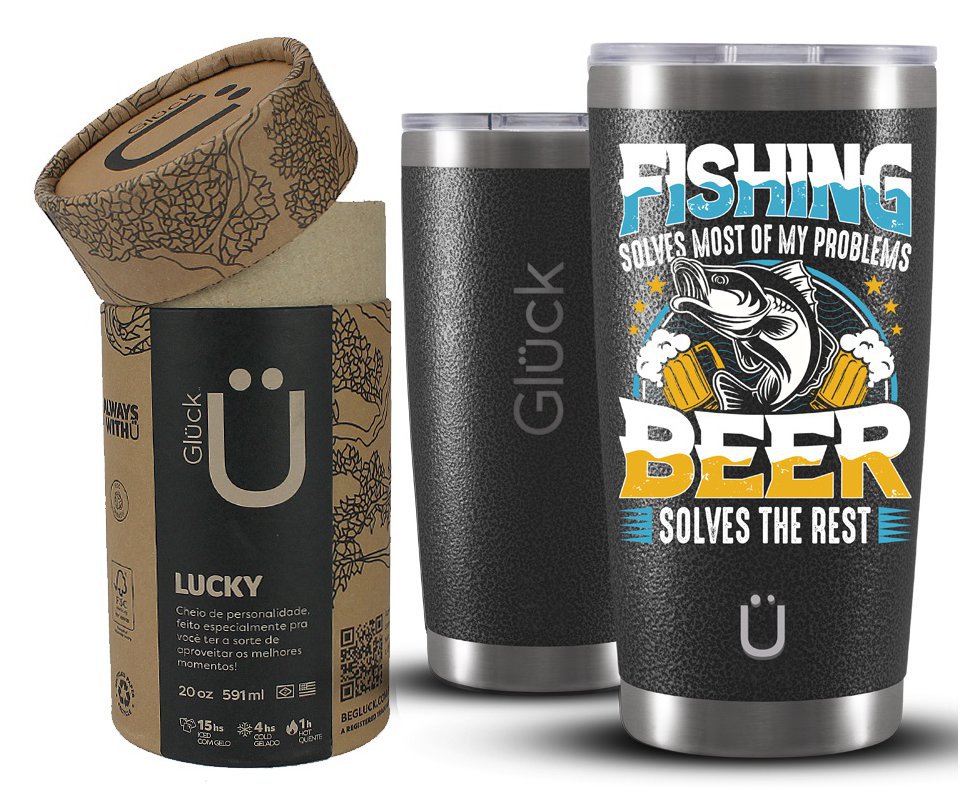 Copo Térmico Gluck Lucky Future Fishing & Beer Solves 591ml Inox Hammer Black