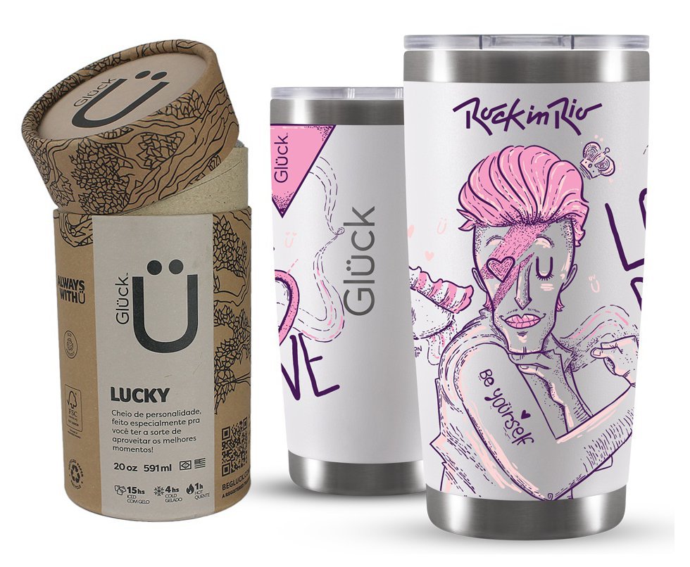 Copo Térmico Gluck Lucky Future Rock In Rio Be Yourself 591ml Off White