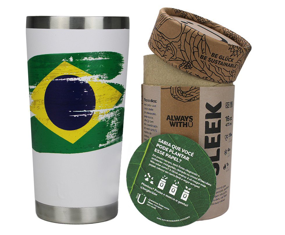 Copo Térmico Gluck Sleek Future Brasil Bandeira em Aço Inox 473ml