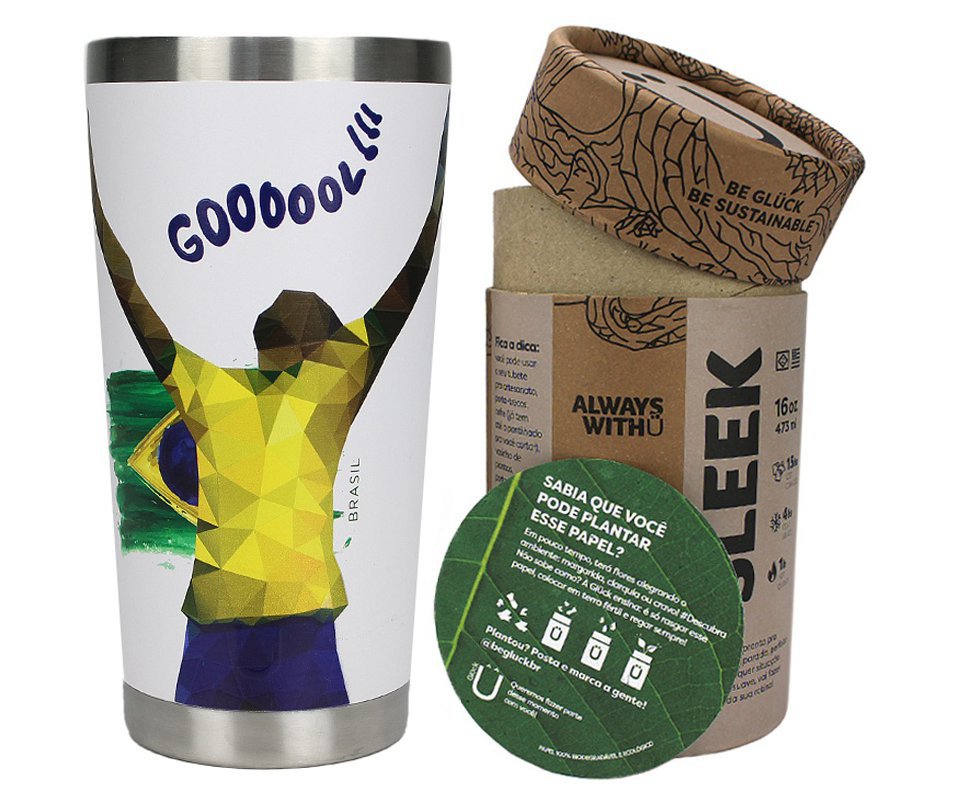 Copo Térmico Gluck Sleek Future Brasil Goooool em Aço Inox 473ml