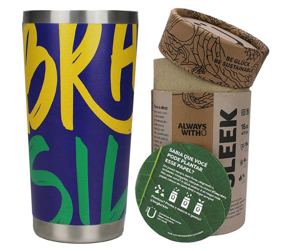 Copo Térmico Gluck Sleek Future Brasil Verde Amarelo em Aço Inox 473ml