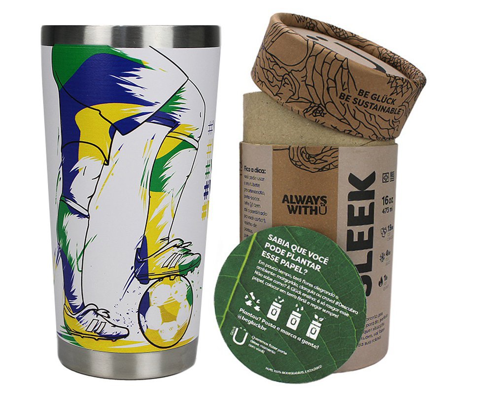 Copo Térmico Gluck Sleek Future Brasil Jogador em Aço Inox 473ml