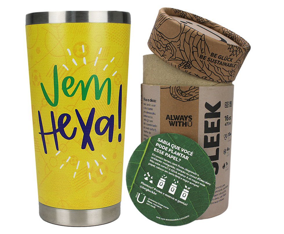 Copo Térmico Gluck Sleek Future Brasil Vem Hexa em Aço Inox 473ml