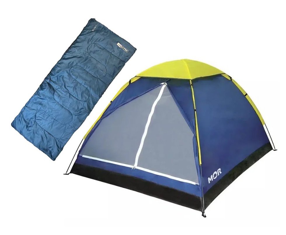 Saco dormir Bugy solteiro Camping NKT 8°C e 15°C Preto AZUL + Barraca Iglu 3 Pessoas
