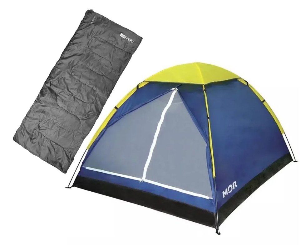 Saco dormir Bugy solteiro Camping NKT 8°C e 15°C Preto + Barraca Iglu 3 Pessoas