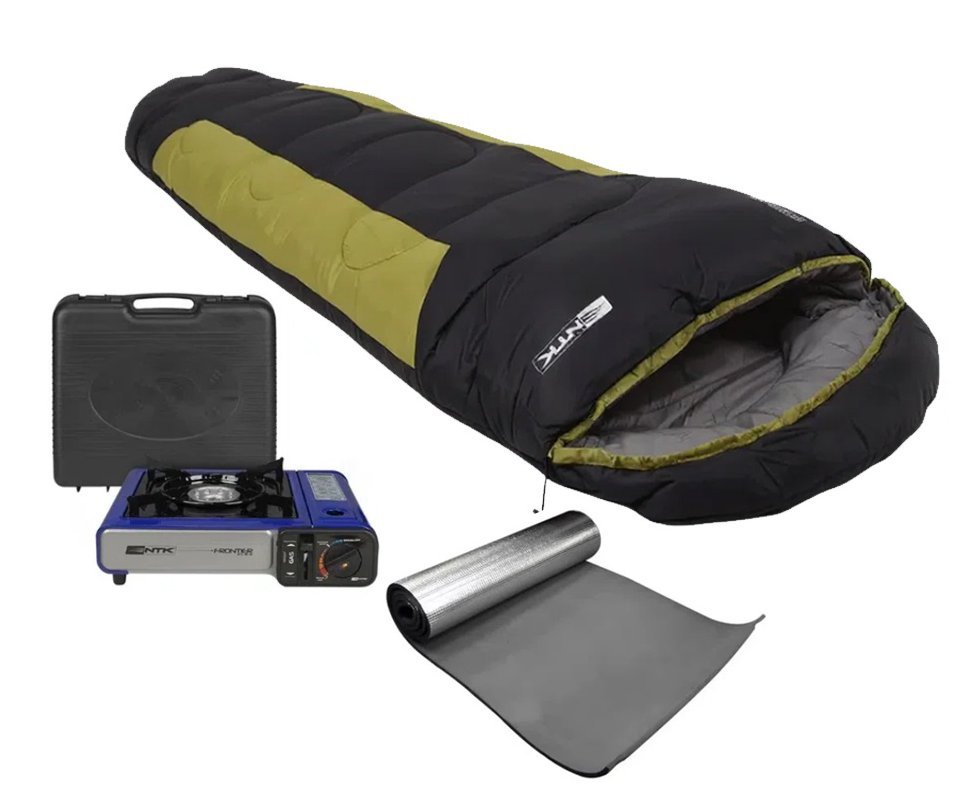 Saco De Dormir Nautika Modelo Mummy -1°c A +8°c Preto Com Verde + Isolante + Fogareiro Frontier Azul