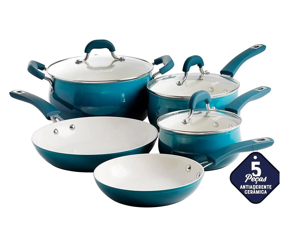 Conjunto de Panelas 05pçs Cerâmico Antiaderente Indução Oster Corbett Emerald Sea