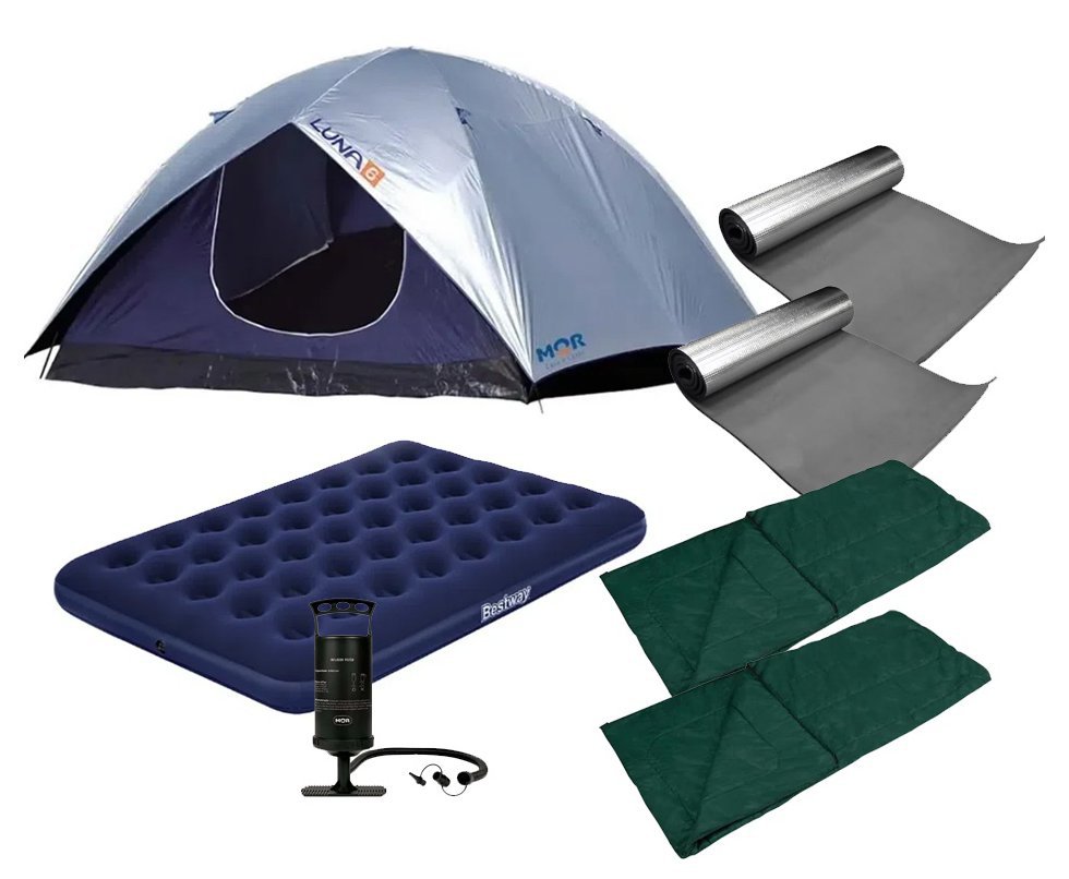 Barraca Luna 6 Pessoas + Colchão de Casal + Bomba de Ar + Isolantes + Sacos de Dormir