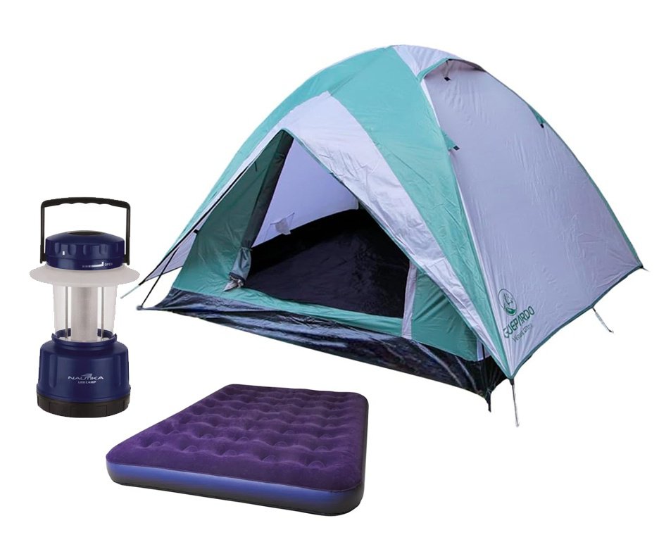 Barraca Guepardo News Venus Ultra PRO 4 Pessoas 2500mm Coluna D Agua - VD/CZ + Colchão Inflável Casal suporta 200kg  + Lampião Ledlamp - Nautika
