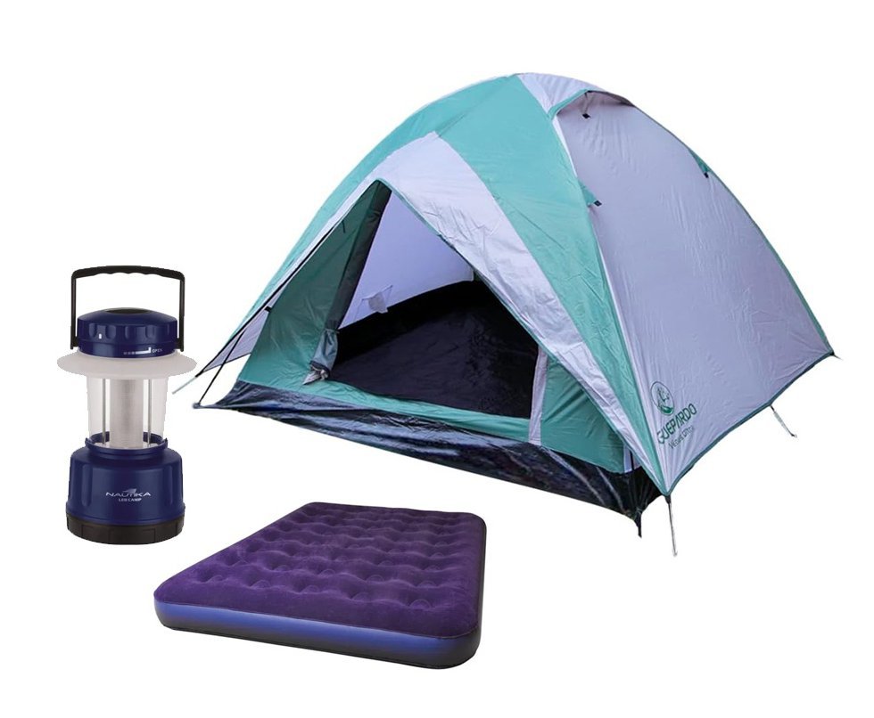 Barraca Guepardo News Venus Ultra PRO 4 Pessoas 2500mm Coluna D Agua - VD/CZ + Colchão Inflável Casal suporta 200kg + Lampião Ledlamp - Nautika