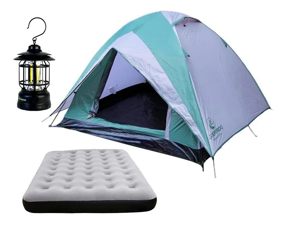 Barraca Guepardo News Venus Ultra PRO 4 Pessoas 2500mm Coluna D Agua - VD/CZ + Colchão Inflável Casal suporta 200kg + Lampião Ledlamp - Nautika