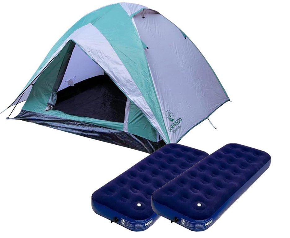 Barraca Guepardo News Vênus Ultra PRO 3 Pessoas 2500mm Coluna D' Água - Verde + 2 Colchão Inflável Solteiro