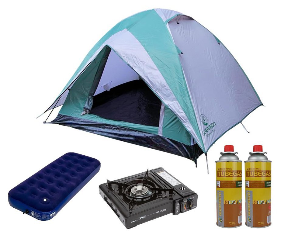 Barraca Guepardo News Vênus Ultra PRO 3 Pessoas 2500mm Coluna D' Água - Verde + Colchão casal + Fogareiro + 02 Refil de gás