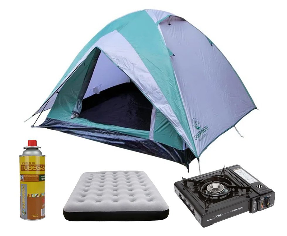 Barraca Guepardo News Vênus Ultra PRO 3 Pessoas 2500mm Coluna D' Água - Verde + Colchão casal + Fogareiro + 02 Refil de gás