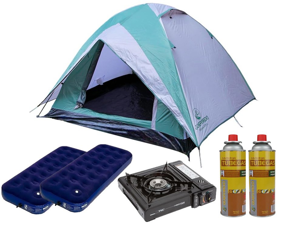 Barraca Guepardo News Vênus Ultra PRO 3 Pessoas 2500mm Coluna D' Água - Verde + 2 Colchão Inflável Solteiro + Fogareiro + 2 Refil Gás