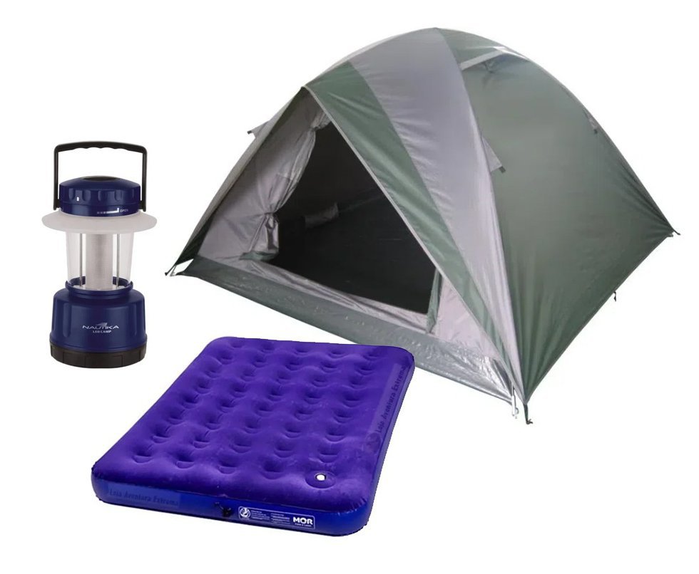 Barraca Guepardo News Venus Ultra PRO 5 Pessoas 2500mm Coluna D Agua - VD/CZ - Nautika + Colchão Inflável Casal suporta 200kg - Nautika + Lampião Ledlamp