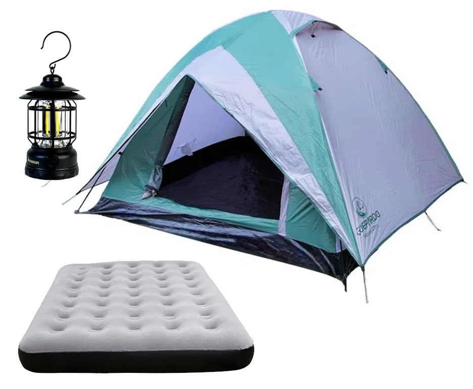 Barraca Guepardo News Venus Ultra PRO 5 Pessoas 2500mm Coluna D Agua - VD/CZ - Nautika + Colchão Inflável Casal suporta 200kg - Nautika + Lampião Ledlamp