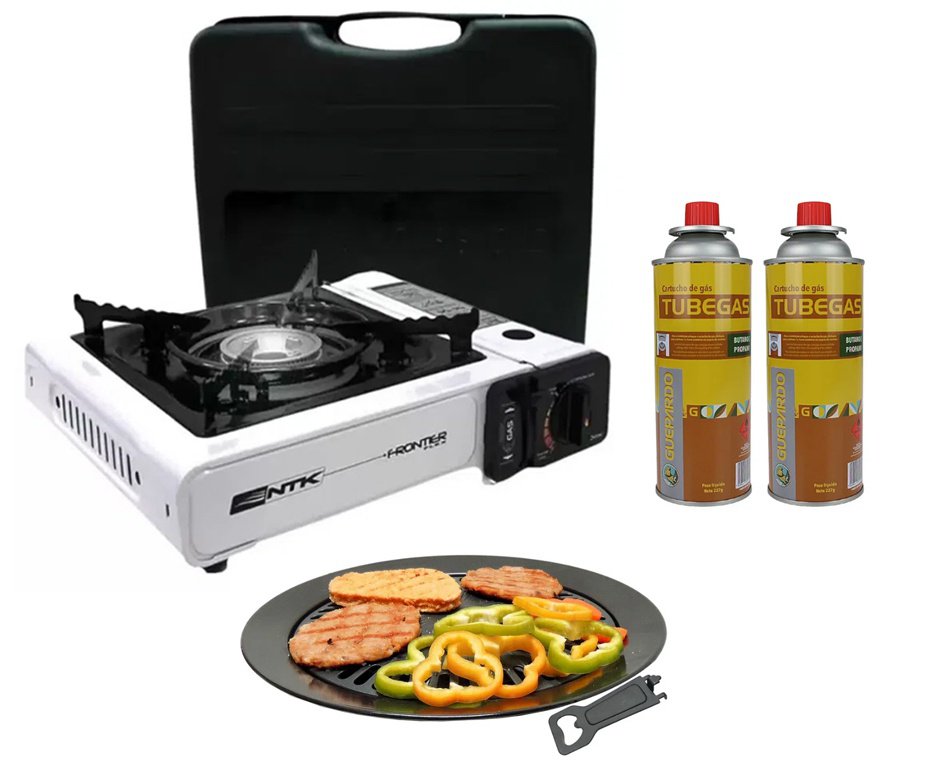 Fogareiro Frontier Portatil Para Cozinha E Camping Branco + Refil + Grill Plate